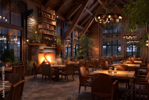 Rustic restaurant design  wooden accents  warm lighting  and a fireplace  Generated AI