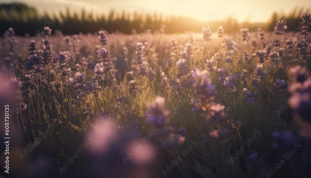Obraz premium Sunset meadow blooms with purple wildflowers, nature beauty revealed generated by AI