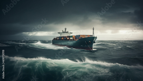 A heavy container ship carrying freight transportation sailing on water generated by AI
