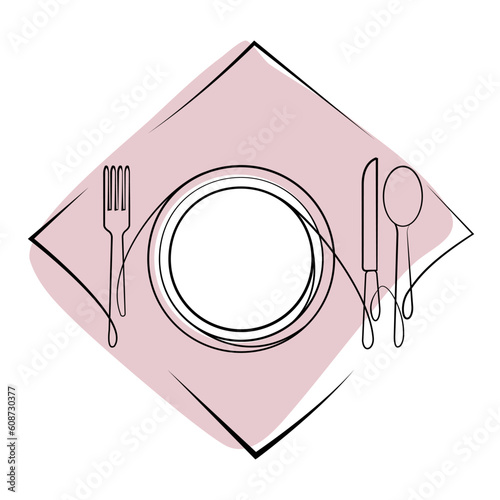 plate fork knife spoon on a napkin - cutlery. Drawing with one black line. A simple abstract sketch in a linear style. Icon for breakfast, lunch, restaurant, menu. illustration on a white background.