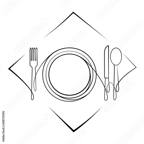 Cutlery and plate. Simple abstract sketch in linear style. Icon for breakfast, lunch, restaurant, menu. vector illustration isolated on white background