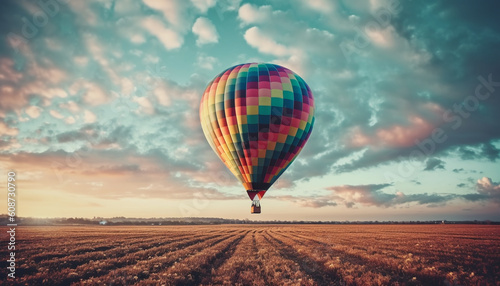 Hot air balloon flying over rural landscape, freedom in motion generated by AI