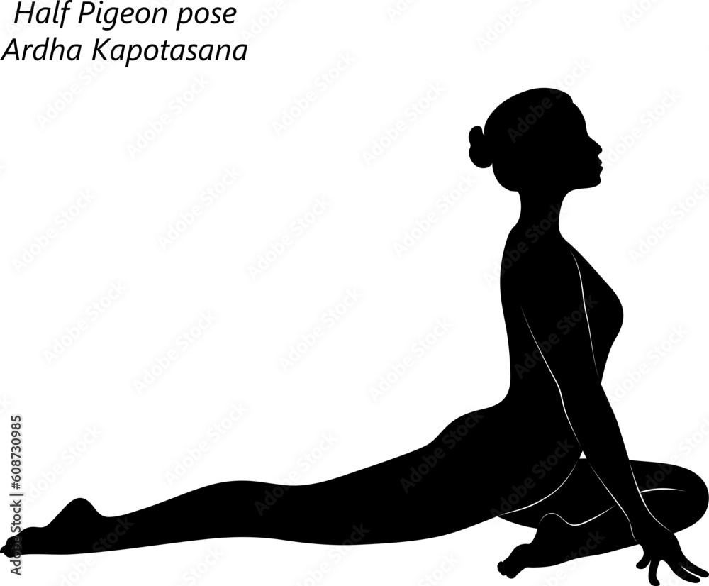 Flat black silhouette of young woman practicing yoga, doing Half Pigeon pose or Swan pose. Ardha Kapotasana. Seated and Backbend. Beginner. Vector illustration isolated on transparent background. Flat black silhouette of young woman practicing yoga, doing Half Pigeon pose or Swan pose. Ardha Kapotasana. Seated and Backbend. Beginner. Vector illustration isolated on transparent background.