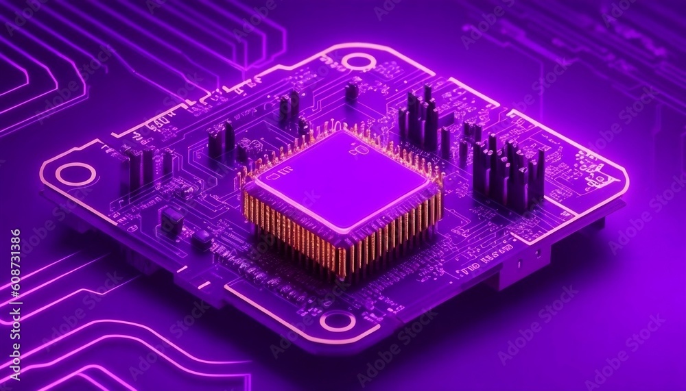 Image of neon integrated circuit on violet back nano technology circuit board Generate by AI
