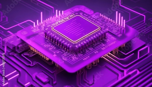 Image of neon integrated circuit on violet back nano technology circuit board Generate by AI