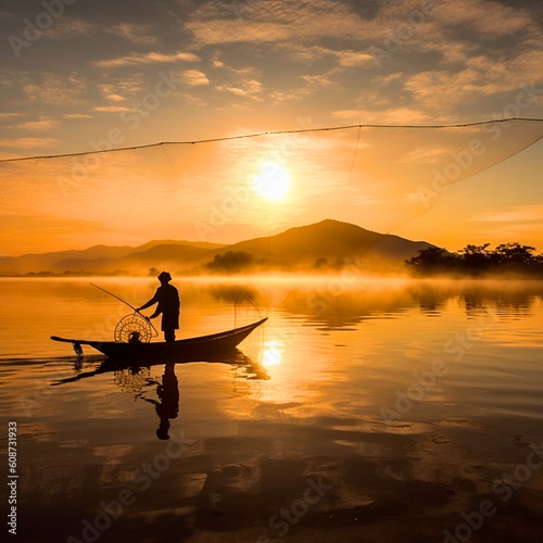 A lone fisherman casting his net at sunrise, serene, wide-angle, golden hour