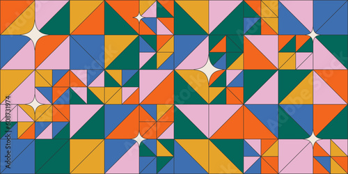 Simple geometric abstract vector pattern with different shapes, stars and rainbow colors. Horizontal backdrop on groovy funky style. Cool graphics composition for web design, business card, banner