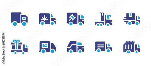 Truck icon set. Duotone color. Vector illustration. Containing truck, delivery truck, lorry, trash truck, garbage truck.