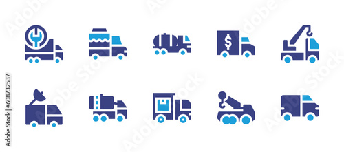 Truck icon set. Duotone color. Vector illustration. Containing truck, food truck, tanker truck, crane truck, van, tank truck, delivery truck.