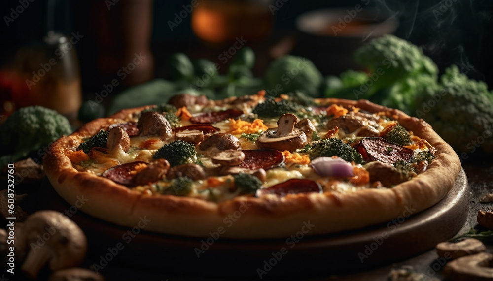 Freshly baked rustic pizza with mozzarella, tomato, and vegetables generated by AI Freshly baked rustic pizza with mozzarella, tomato, and vegetables generated by AI