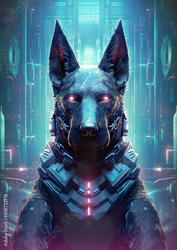 Futuristic cybernetic canine with neon enhancements navigating a dystopian cityscape. Glowing-eyed cyberpunk mongrel with neon circuitry, blending into an urban cybernetic realm. AI generated.