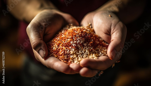 One person holding a handful of wholegrain rice for cooking generated by AI
