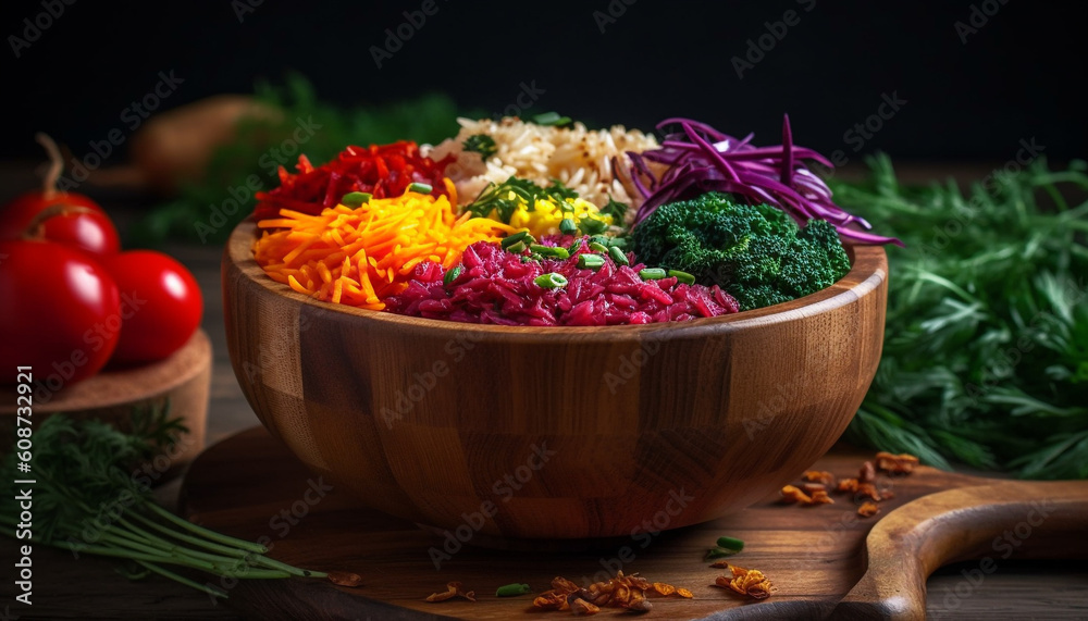 Fresh vegetarian salad bowl with organic ingredients and multi colored vegetables generated by AI Fresh vegetarian salad bowl with organic ingredients and multi colored vegetables generated by AI