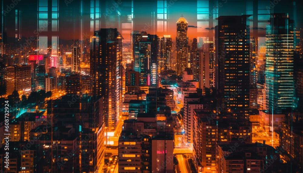 Obraz premium City skyline glows with multi colored skyscrapers in the dark night generated by AI