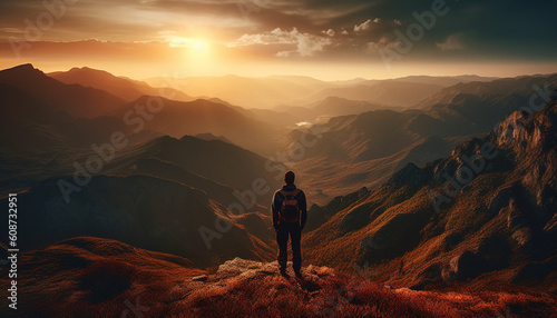 Standing on cliff, backpacker achieves mountain peak at sunrise generated by AI © djvstock