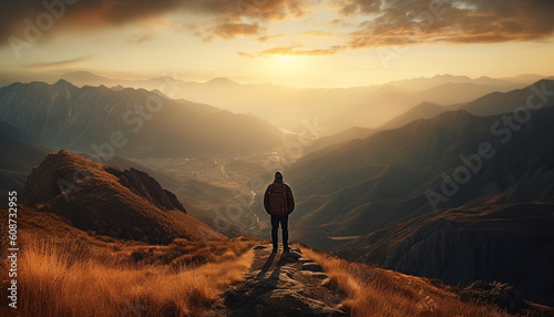 One person hiking to mountain peak, enjoying tranquil sunset generated by AI