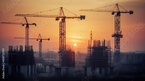 Tower cranes at a large construction site at sunset, A beautiful construction yard in the background. Generative AI