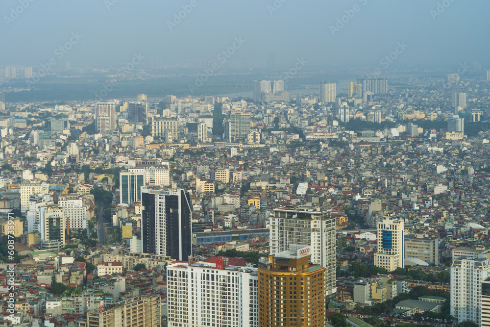 Fototapeta premium Aerial view of Hanoi Downtown Skyline, Vietnam. Financial district and business centers in smart urban city in Asia. Skyscraper and high-rise buildings.