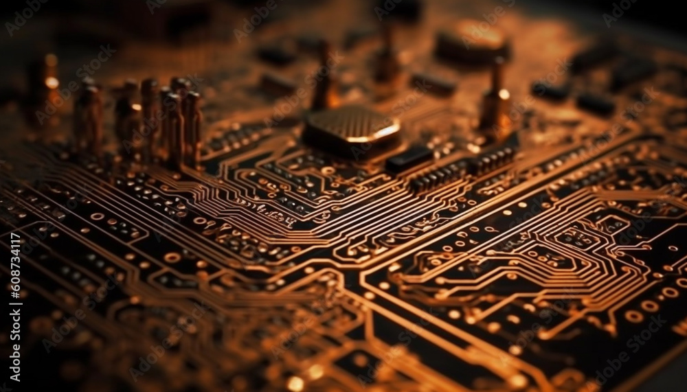 Complex circuit board pattern showcases futuristic computer equipment in industry generated by AI
