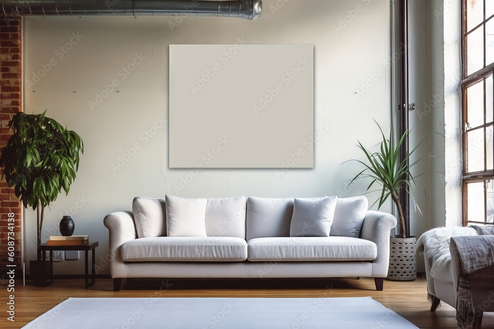 blank rectangular mockup frame on a modern living room