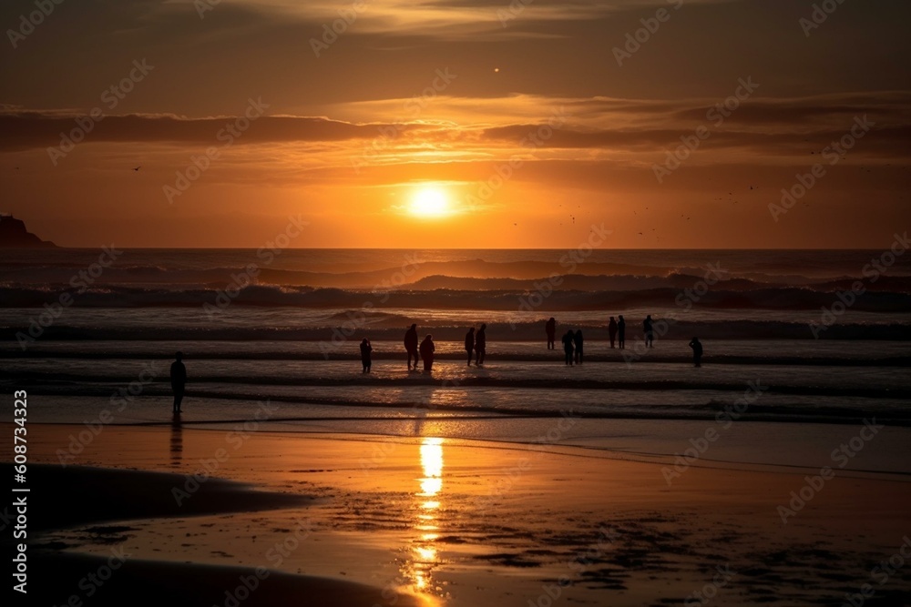 Orange sunset on the beach, Generative AI