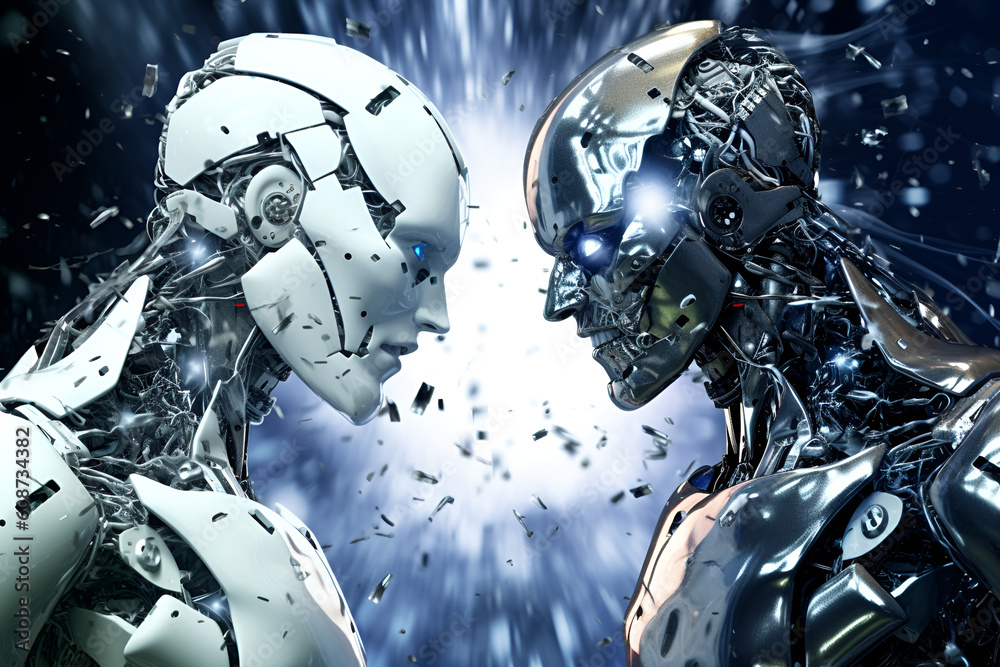 Two stylish handsome cyborgs, futuristic characters in a male body ...