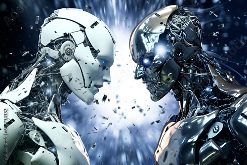 Two stylish handsome cyborgs, futuristic characters in a male body fighting each other, dark background, generative AI.