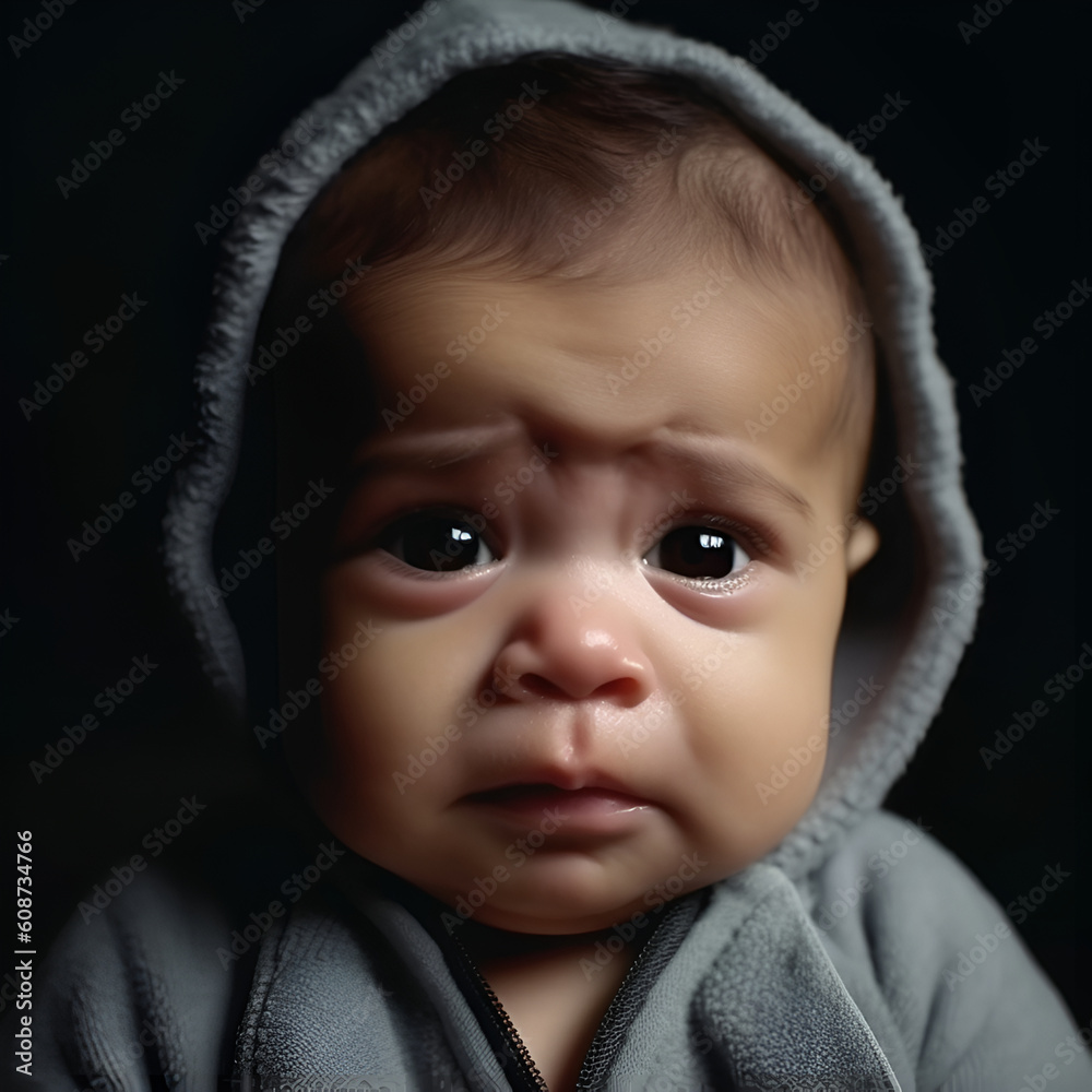 Portrait of a crying baby, four to five months old, AI generative content.
