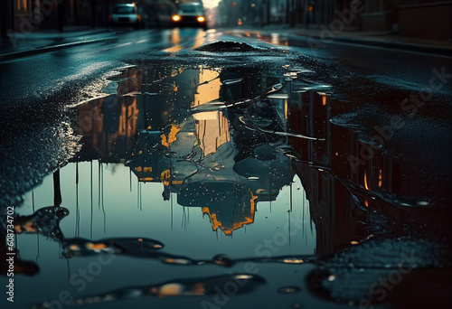 City night street reflected in a puddle of water after rain. AI Generated photo