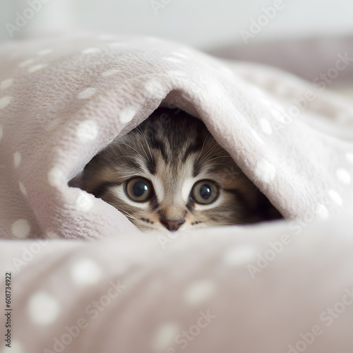 Cute kitten cat hidden under the blanket. AI generated