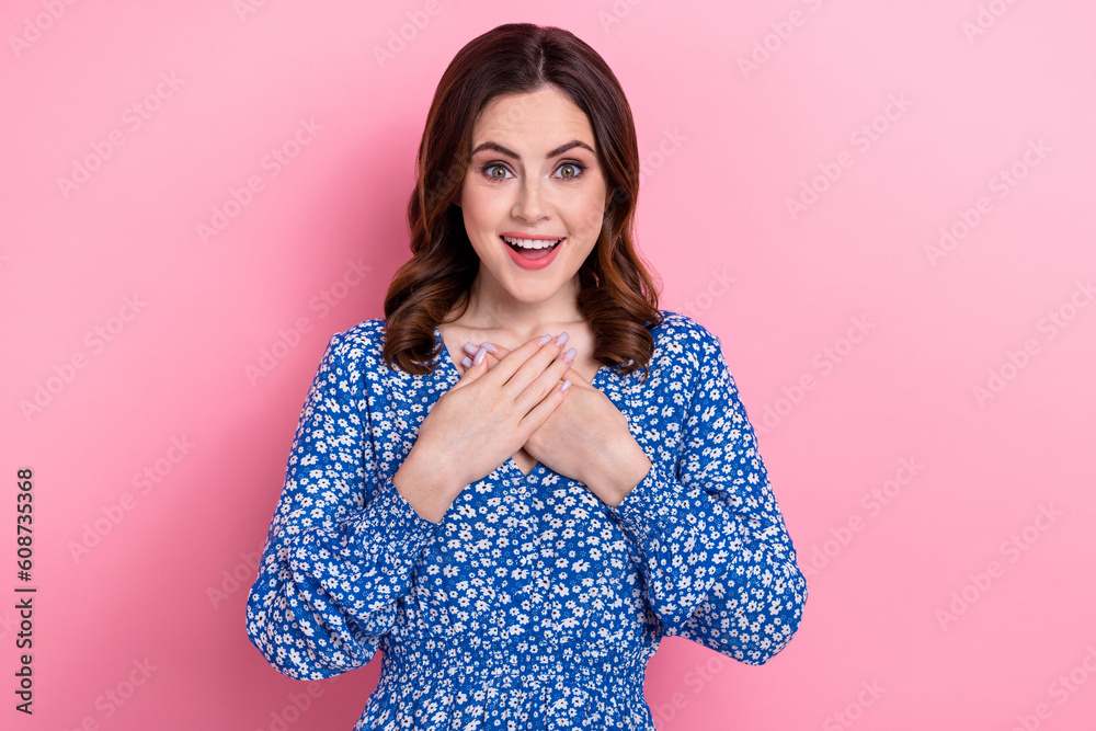Portrait of astonished impressed lady wear trendy clothes arms breast cant believe win lottery isolated on pink color background Portrait of astonished impressed lady wear trendy clothes arms breast cant believe win lottery isolated on pink color background