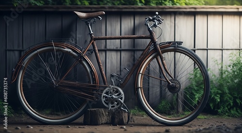 old wooden rustic concrete wall and vintage bicycle created with generative ai