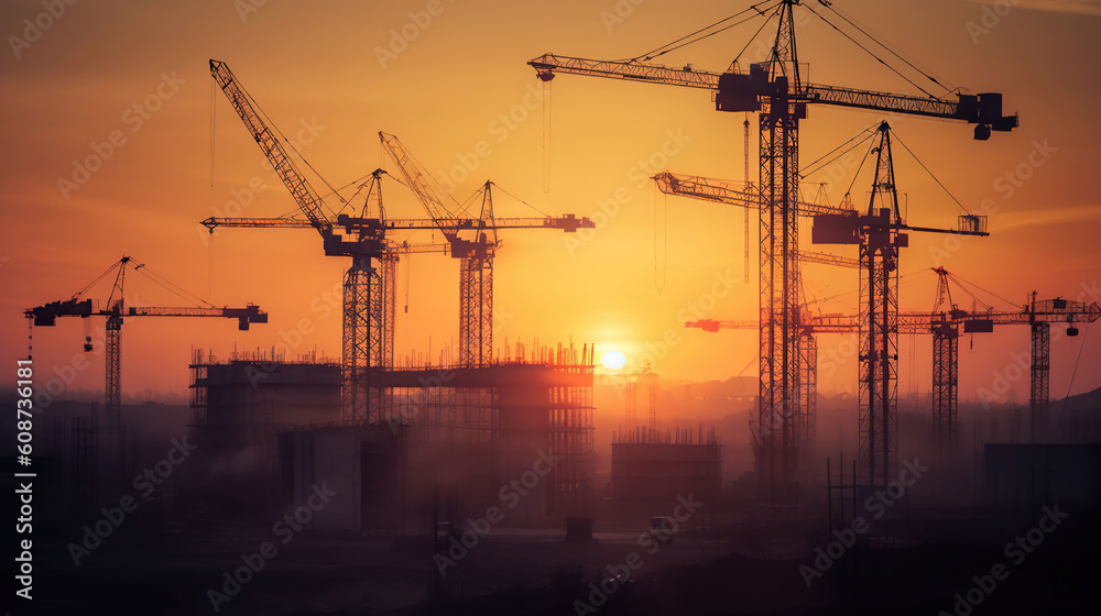 Tower Cranes at Sunset, Unveiling the Beauty of a Dynamic Construction Site. Generative AI
