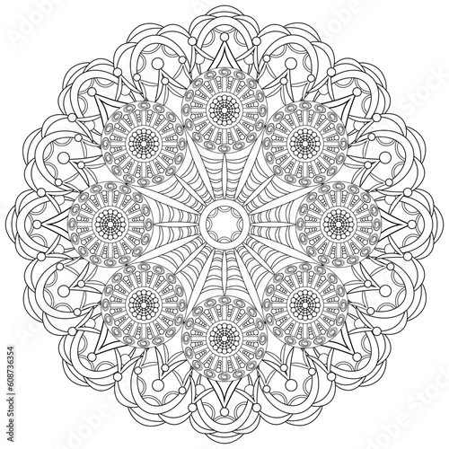 Colouring page  hand drawn  vector. Mandala 186  ethnic  swirl pattern  object isolated on white background.