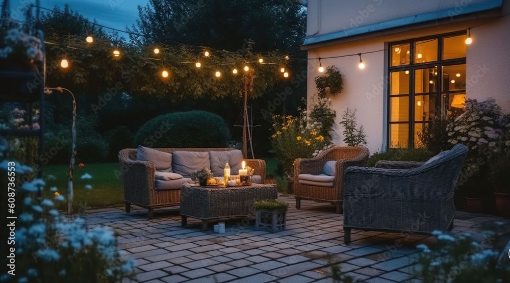 Summer evening on the patio of beautiful suburban house with garden. Generative AI Summer evening on the patio of beautiful suburban house with garden. Generative AI