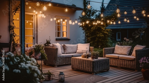 Summer evening on the terrace of beautiful suburban house with patio with wicker furniture and lights. Generative AI