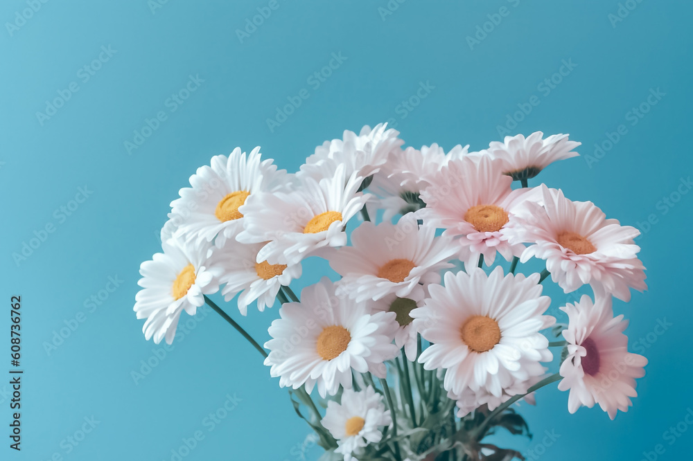 Fototapeta premium Pastel toned papier mache flowers, skillfully cut and arranged on a soothing bright blue green turquoise background, lend a touch of vintage charm to any setting. generative AI.