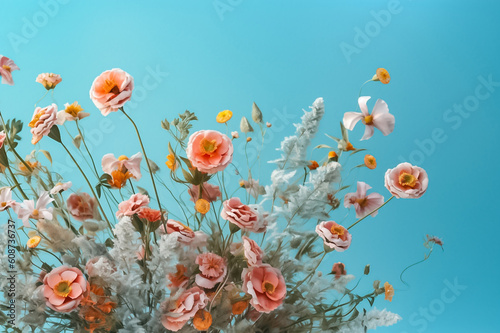 Pastel toned papier mache flowers, skillfully cut and arranged on a soothing bright blue green turquoise background, lend a touch of vintage charm to any setting. generative AI.
