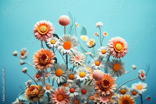 Pastel toned papier mache flowers, skillfully cut and arranged on a soothing bright blue green turquoise background, lend a touch of vintage charm to any setting. generative AI. © Surachetsh