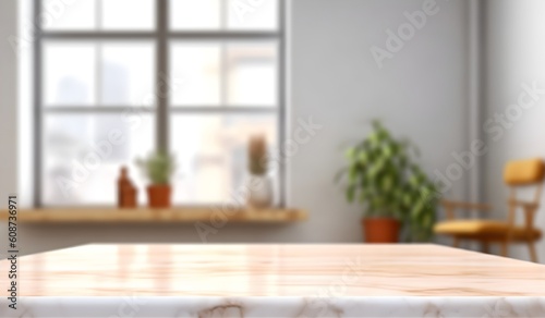 empty marble table with blurred minimal apartment with houseplant interior background, generative ai generated © ITrWorks
