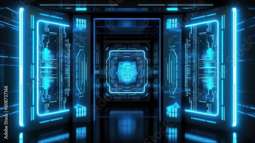 Fototapeta Naklejka Na Ścianę i Meble -  Futuristic interior of a space station with blue neon lights background. Generative AI.