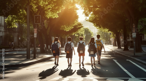 Students in Uniforms and Backpacks Cross the Road on Their Journey to School. Generative AI
