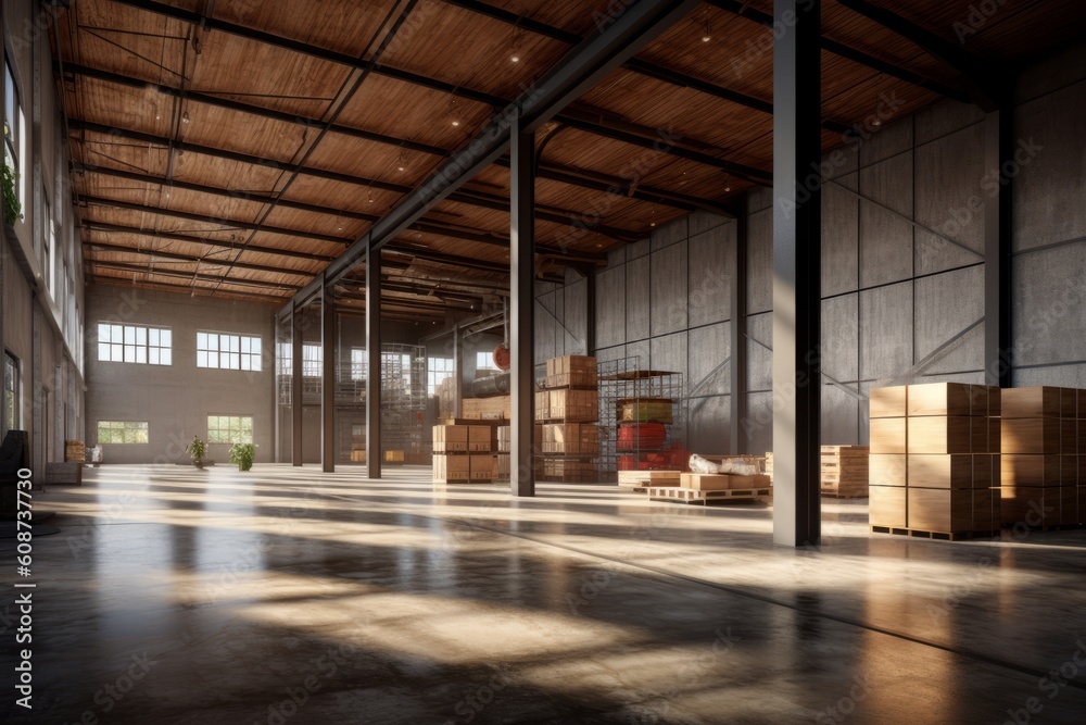 warehouse product stocker wide angle view , AI generate
