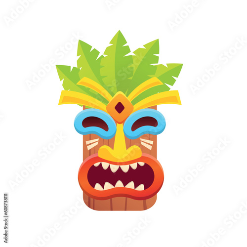 Colorful tiki mask isolated on white background. Tribal wooden totem in hawaiian style. Vector stock