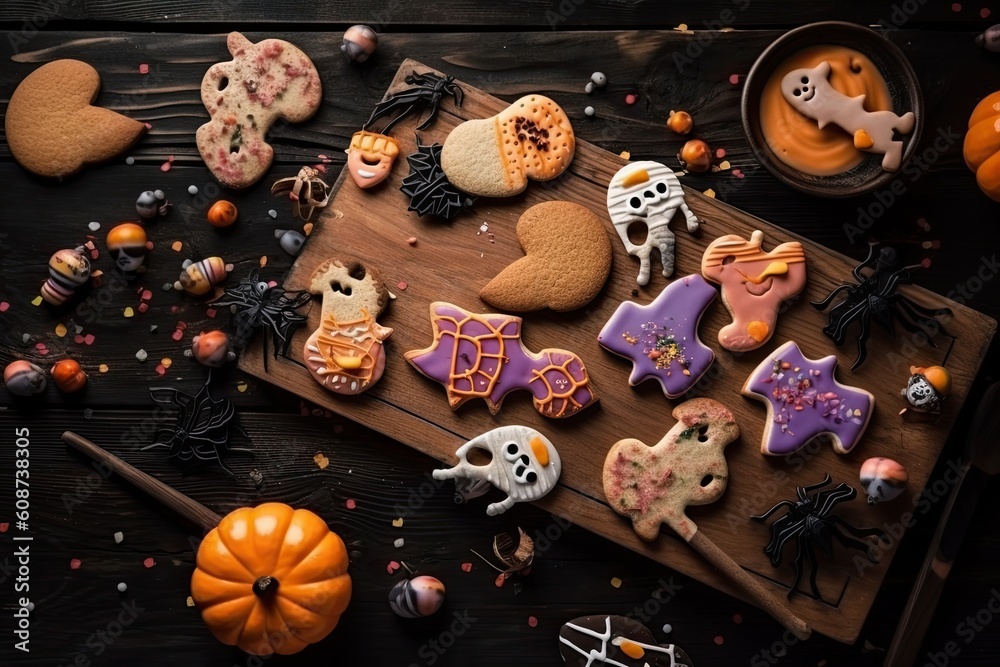 Illustration of Halloween cookies on a dark and spooky wooden background. Generative AI