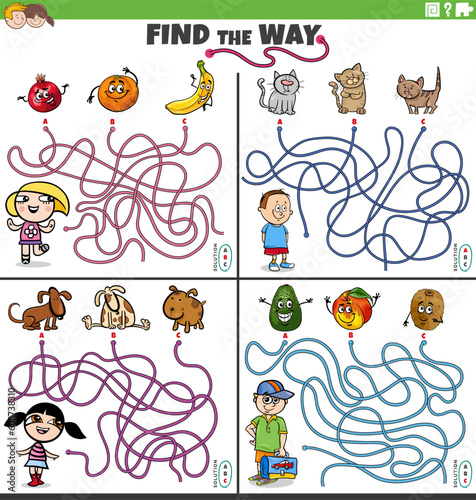 find the way maze games set with cartoon kids with pets and fruit