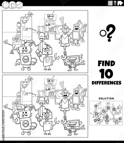 differences game with cartoon robots coloring page
