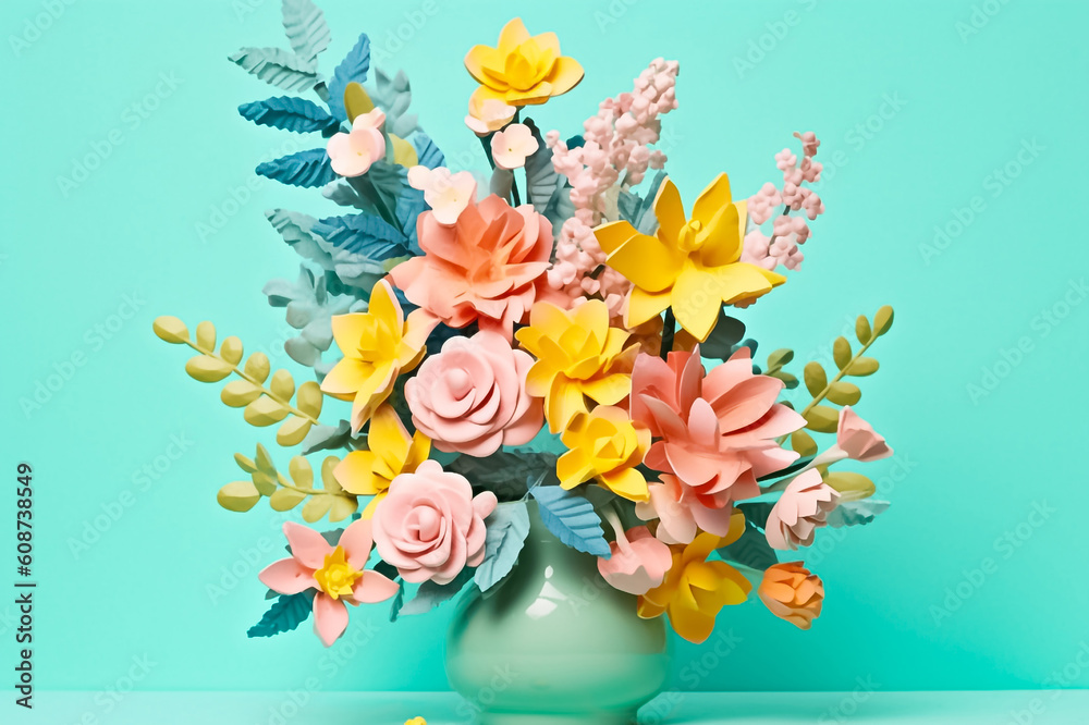Pastel 3D flower models captured in a jar, harmoniously complemented by a mesmerizing turquoise background. generative AI. Pastel 3D flower models captured in a jar, harmoniously complemented by a mesmerizing turquoise background. generative AI.