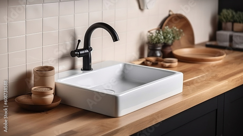 Ceramic Sink Resting on a Wooden Counter in a Kitchen Oasis. Generative AI
