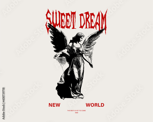 Graphic t-shirt design, typography slogan with statue of liberty with wings in a web. Vector illustration for t shirt